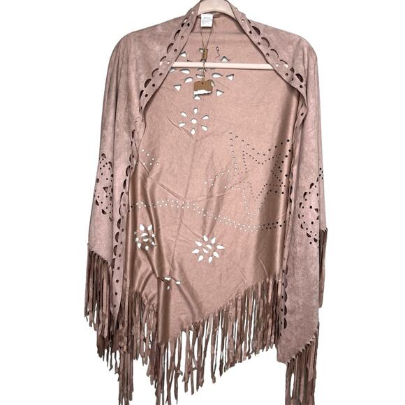 Faux Suede Fringe Tan Laser Cut Fringe Shawl Kimono One Size - Picture 1 of 10